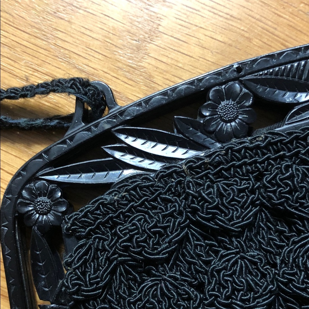 Vintage Black Acrylic Floral and Crochet Bag